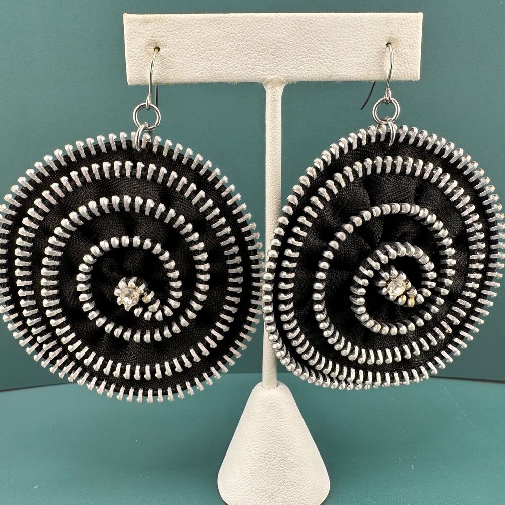 Spiral Circle Dangle Earrings Black Silver Tone Up-cycled Zipper Statement 2.5"